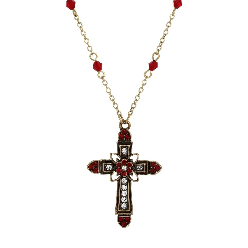 Symbols Of Faith Flower & Cross Crystal Pendant Necklace 16" + 3" Extension