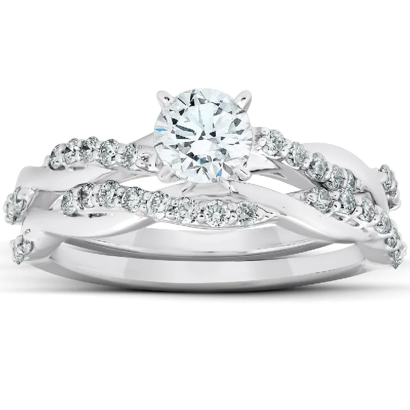 3/4Ct Diamond Infinity Engagement Ring Set 14k White Gold Maching Wedding Band