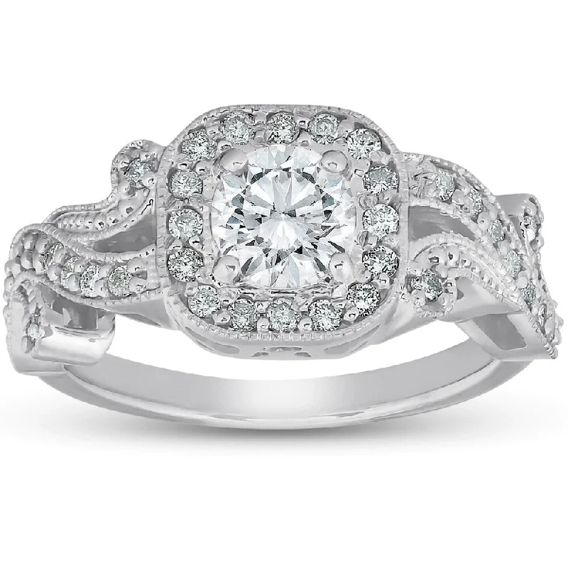 Pompeii3 14k White Gold 1 Ct TDW Diamond Cushion Halo Vintage Vine Petal Engagement Ring