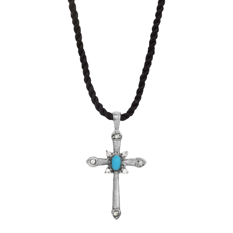 Symbols Of Faith Twisted Cord Crystal Turquoise Pewter Cross Pendant Necklaces 15"