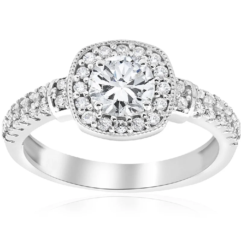 14k White Gold 1 ct TDW Diamond Cushion Halo Vintage Engagement Ring (I-J,I2-I3)