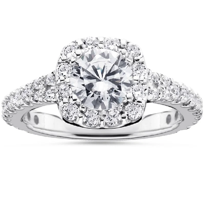 14k White Gold 1 1/2ct TDW Cushion Halo Diamond Engagement Ring - White H-I - White H-I