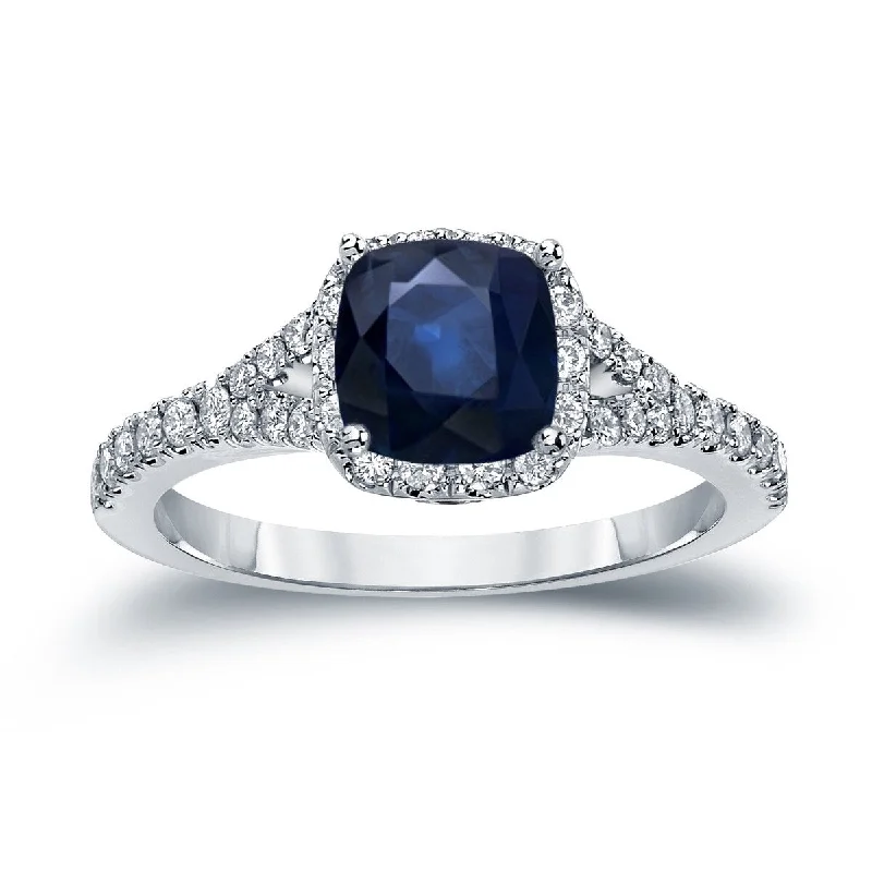 Auriya 14k Gold 1 carat Cushion Cut Blue Sapphire and 1/2ctw Halo Diamond Engagement Ring