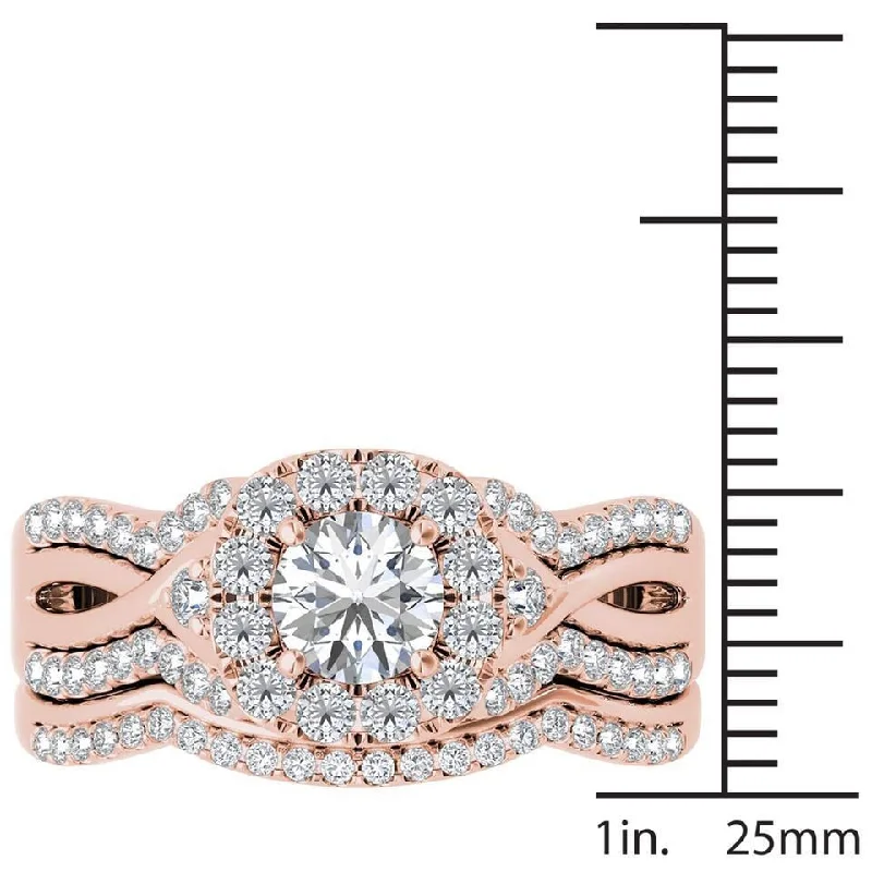 De Couer 14k Rose Gold 1 1/4ct TDW Diamond Halo Engagement Ring Set with One Band