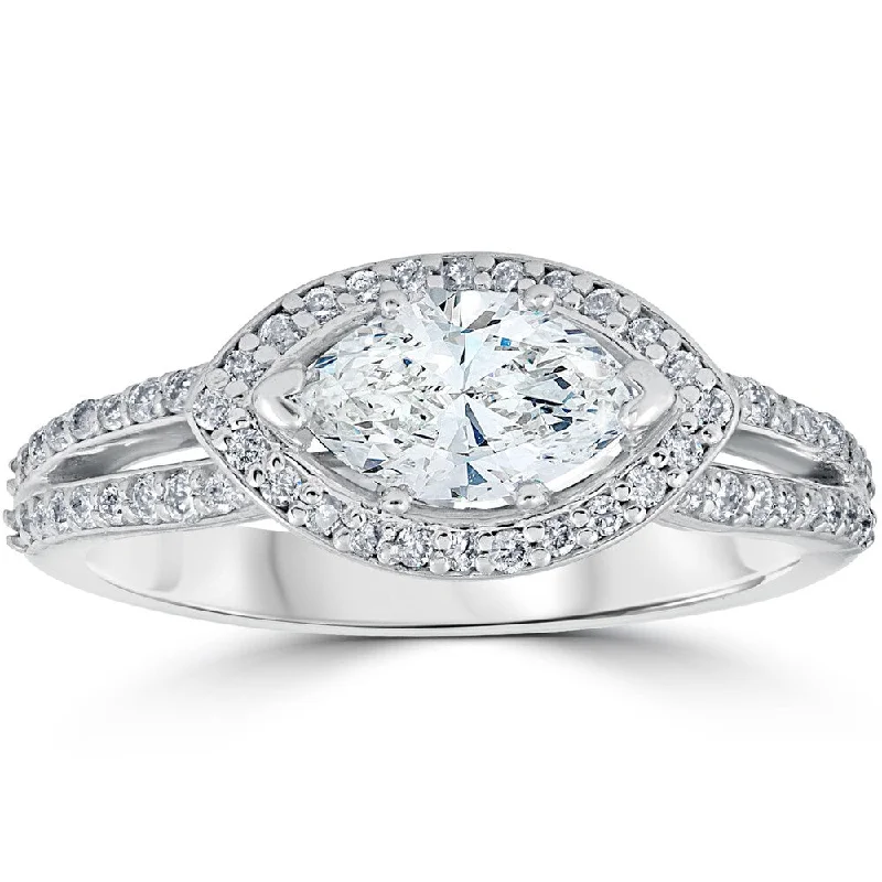 14K White Gold 1 3/8 ct TDW Sideways Marquise Enhanced Diamond Halo Engagement Ring