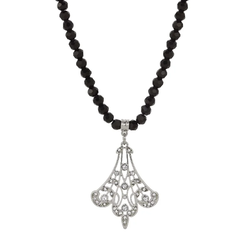 1928 Jewelry Minuit Black Glass Strand Bead Silver Filigree Fan & Crystals Pendant Necklace 15" + 3" Extender