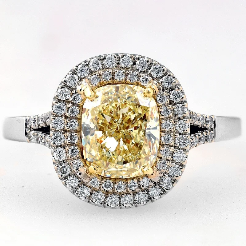 2.36Ct Fancy Light Yellow Cushion Diamond Double Halo EGL Certified Engagement Ring 18k White Gold - White G-H