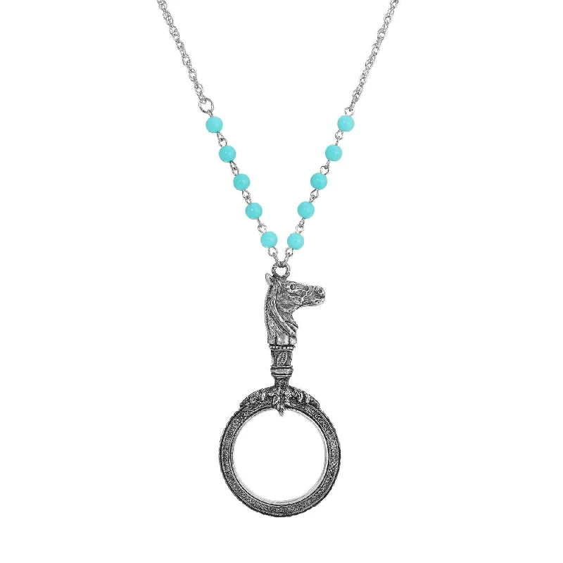 1928 Jewelry Turquoise Bead Equine Magnifying Glass Pendant Necklace 28"L - Magnification Power: 1-2X