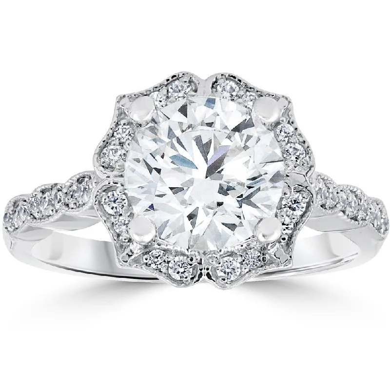 14k White Gold 2 ct TDW Diamond Clarity Enhanced Halo Engagement Ring Vintage Milgrain Accents