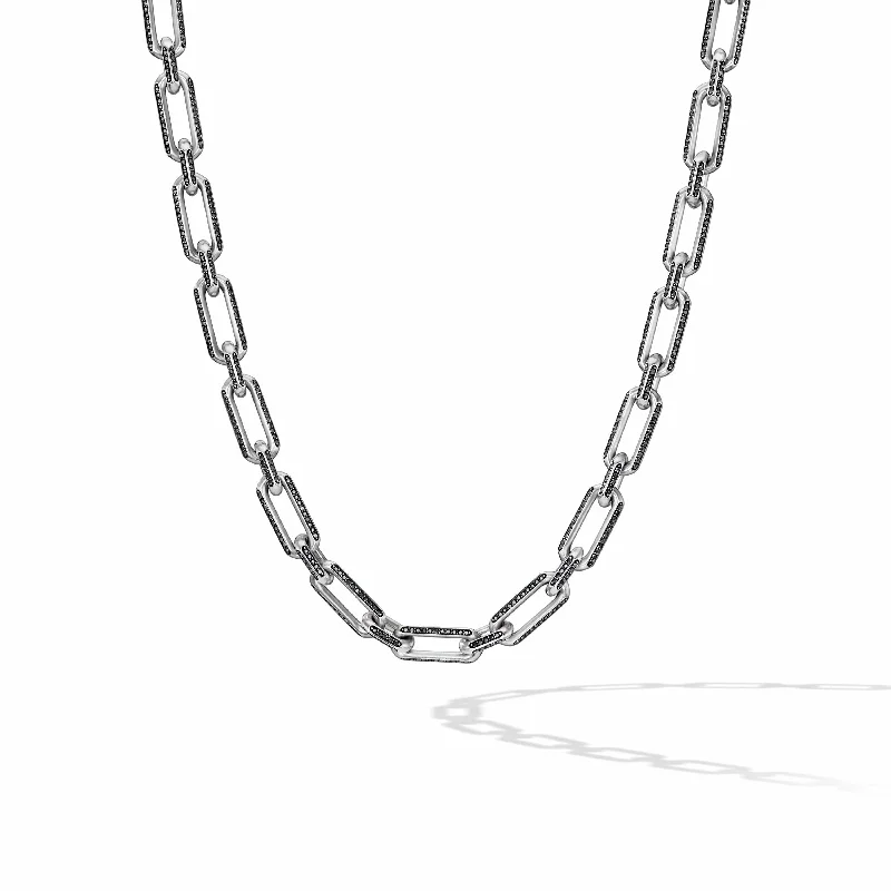 Elongated Open Chain Link Necklace in Sterling Silver with Pave Black Diamonds