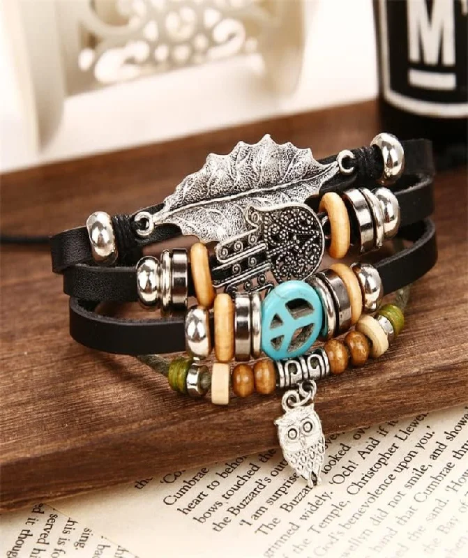 Leather Wrap Bracelet For Men and Women Dangly Owl Draw String Size Adjustable