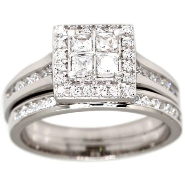 Pompeii3 10k White Gold 1ct TDW Princess Cut Diamond Halo Engagement Ring Wedding Band Set