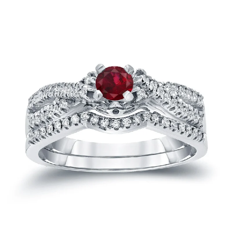 14k Gold 1/4ct Ruby and 1/4ct TDW Braided Infinity Diamond Engagement Ring Set by Auriya