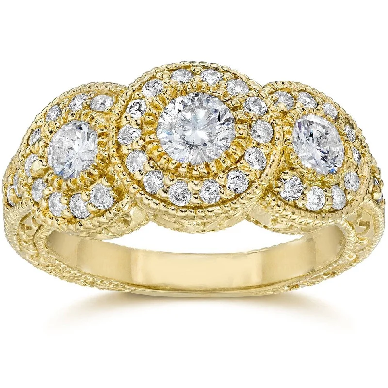 Pompeii3 14k Yellow Gold 1 1/2 ct TDW Three Stone Vintage Halo Diamond Engagement Ring (H-I,SI1-SI2)