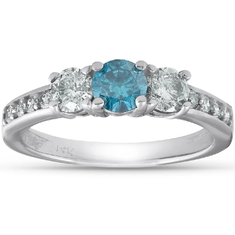 14k White Gold 1 Ct TDW Blue & White Round Diamond Three Stone Engagement Ring