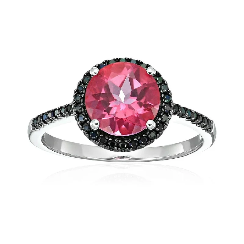 Sterling Silver Pink Topaz & Black Spinel Halo Engagement Ring