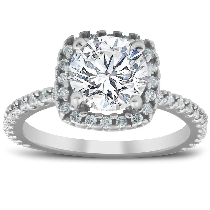 Pompeii3 14k White Gold 2 1/2 Ct TDW Cushion Halo Diamond Engagement Ring Clarity Enhanced