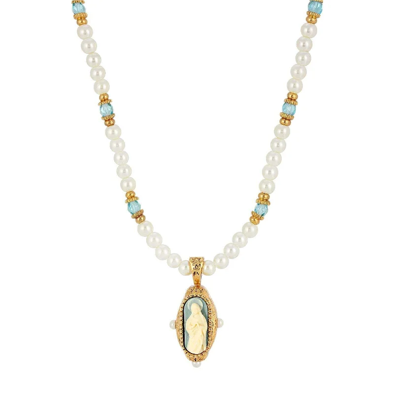 Symbols Of Faith Glass Faux Pearl & Aqua Fire Polished Crystal Saint Mary Cameo Pendant Necklace 16"