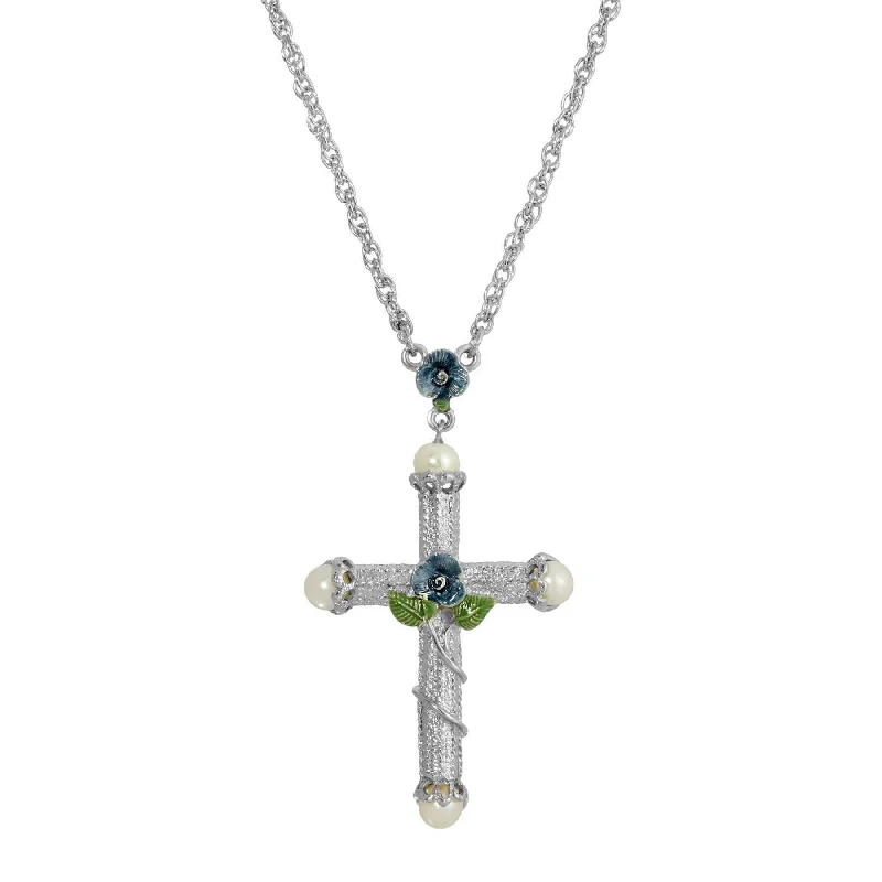 Symbols Of Faith Blue Rose Enamel Cross Faux Pearl Pendant Necklace 30"