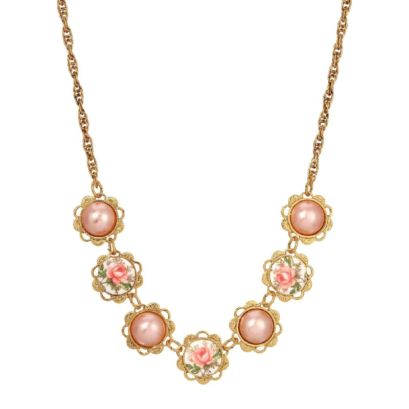 1928 Jewelry Rosabella Raspberry Faux Pearls & Garden Pink Rose Necklace 15" + 3" Extension