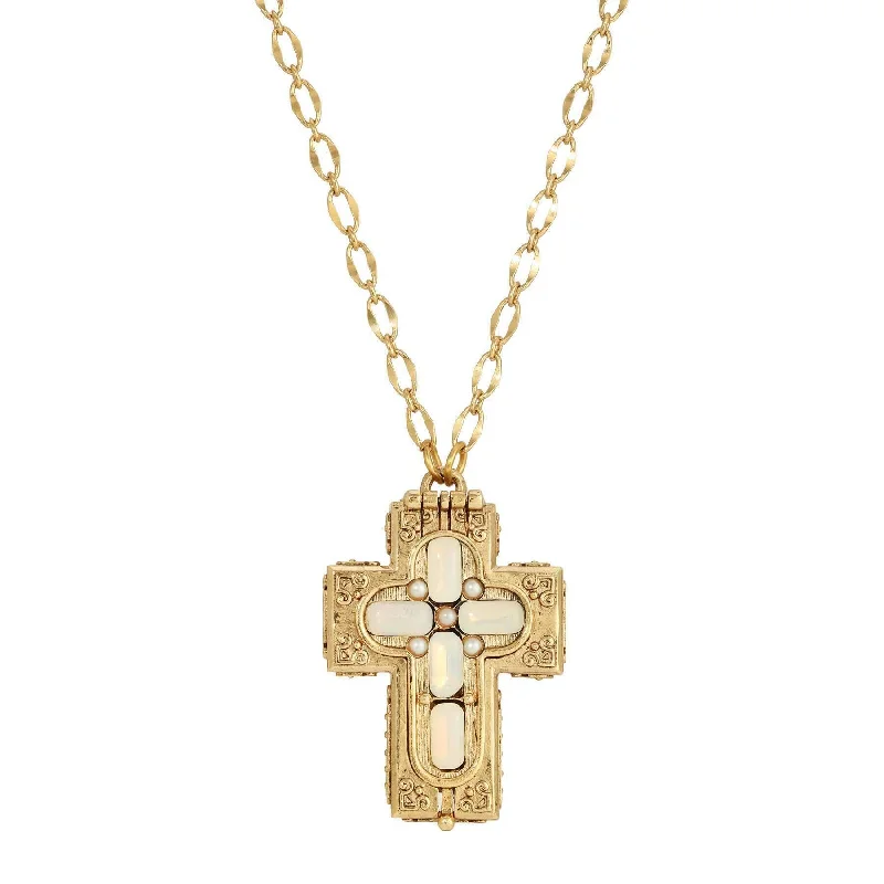 Symbols Of Faith Glass Stone Faux Pearl Cross Reliquary Pendant Necklace 32"