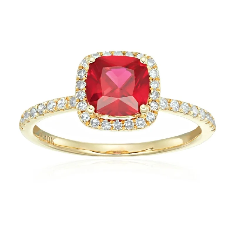 10k Yellow Gold Created Ruby and Diamond Cushion Halo Engagement Ring