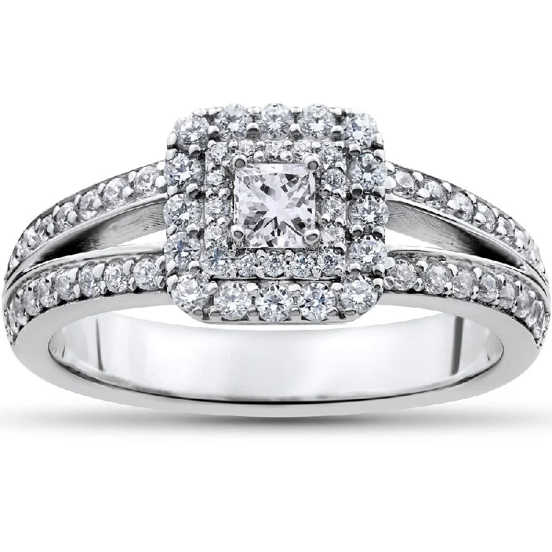 14k White Gold 1ct TDW Princess-cut Diamond Double Halo Engagement Ring