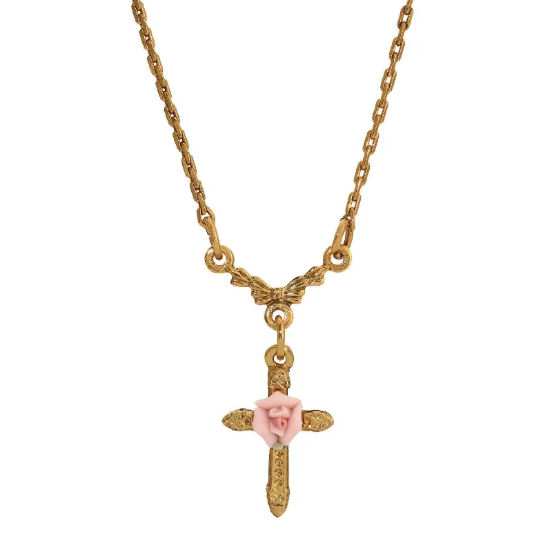 1928 Jewelry Pink Porcelain Rose Cross Pendant Necklace 16" + 3" Extension