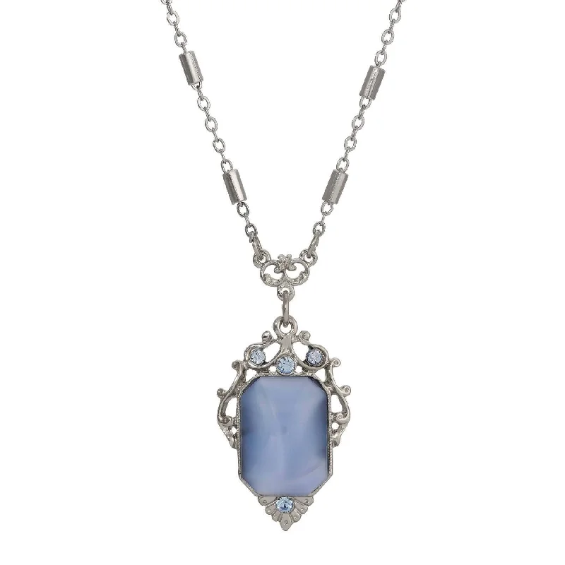 1928 Jewelry Jazzy Filigree Blue Octagon Moonstone & Crystal Pendant Necklace 16" + 3" Extension