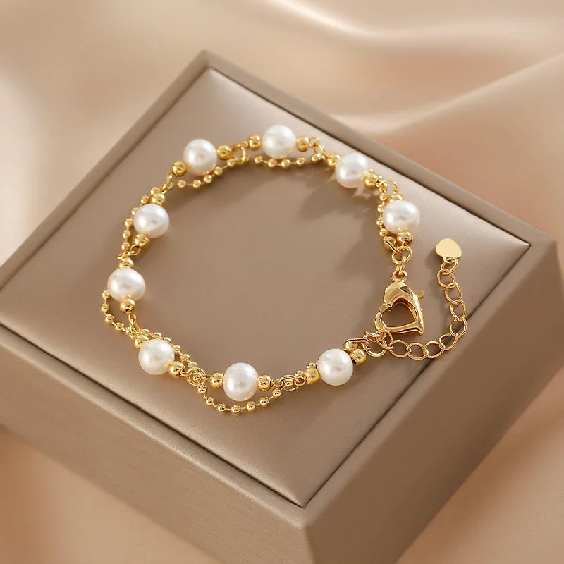 Womens Freshwater Pearl Bracelet 14K Gold Plated Charm Bracelets For Women