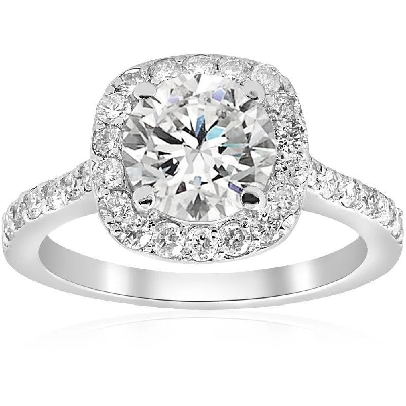 2 ct Cushion Halo Vintage Accent Diamond Engagement Ring 14K White Gold