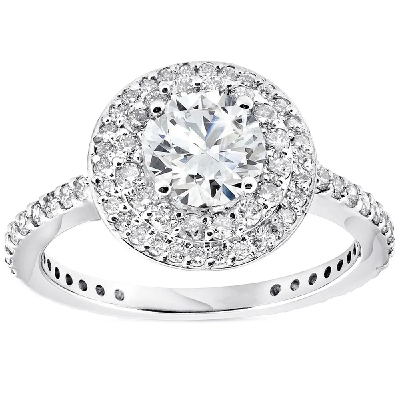 Pompeii3 14K White Gold 1 3/4 ct TDW Double Halo Diamond Clarity Enhanced Round Brilliant Cut Engagement Ring (G/SI)