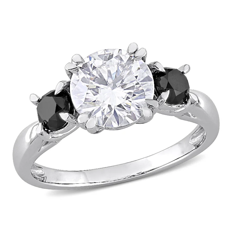 Miadora 2ct DEW Created Moissanite and 3/4ct TDW Black Diamond 3-Stone Engagement Ring in 10k White Gold