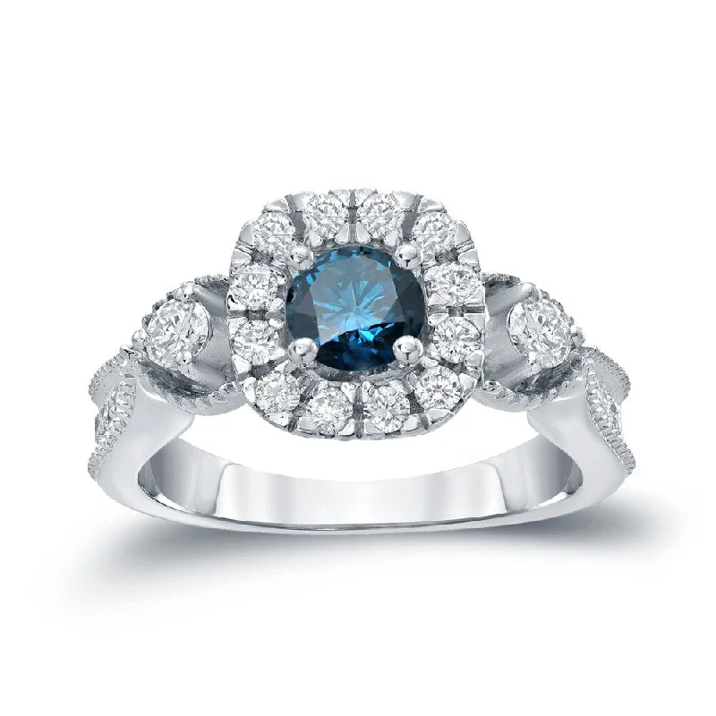 Auriya 1ctw 3 Stone Halo Blue Diamond Engagement Ring 14k Gold