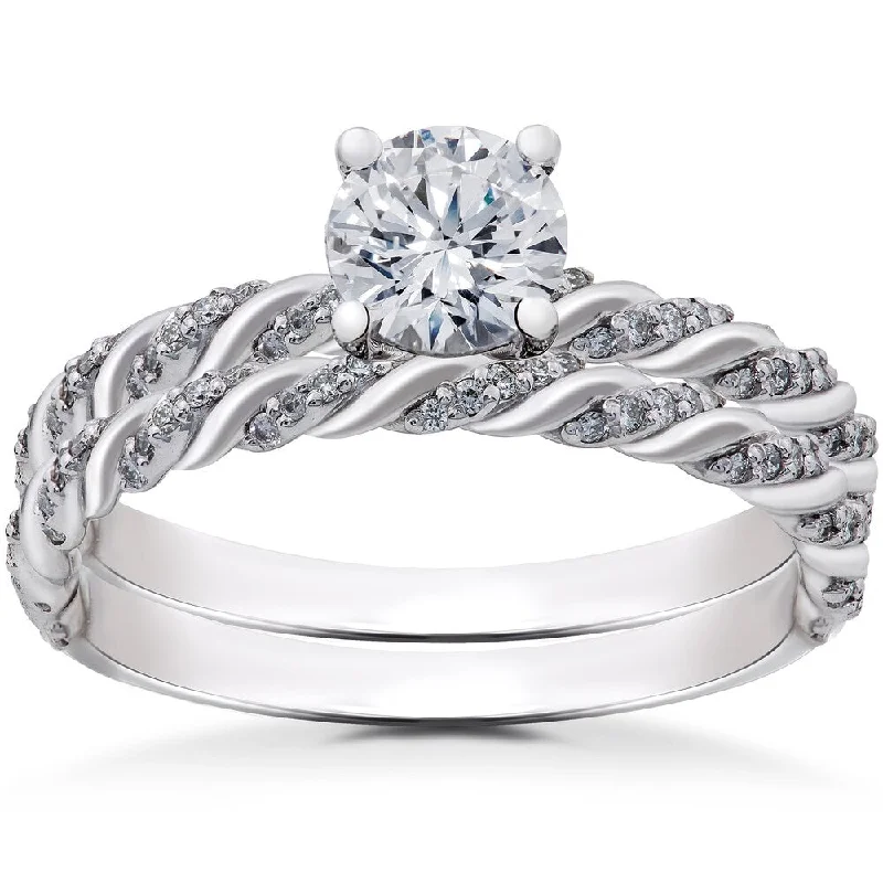 14k White Gold 1 ct Lab Grown Eco Friendly Diamond Engagement Ring & Matching Wedding Band Set