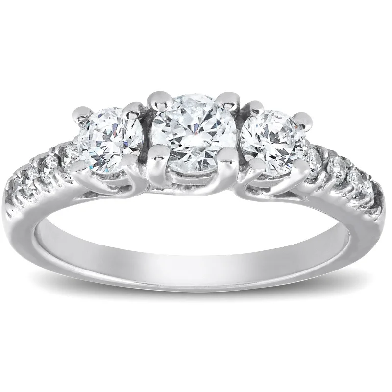 1 1/10 Ct Diamond Three Stone Engagement Ring 14K White Gold