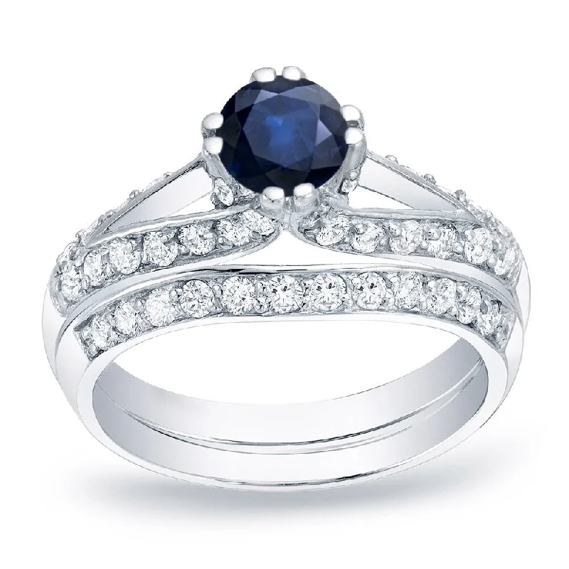 Platinum Round 1/2ct Sapphire and 3/4ct TDW Diamond Engagement Ring Set by Auriya