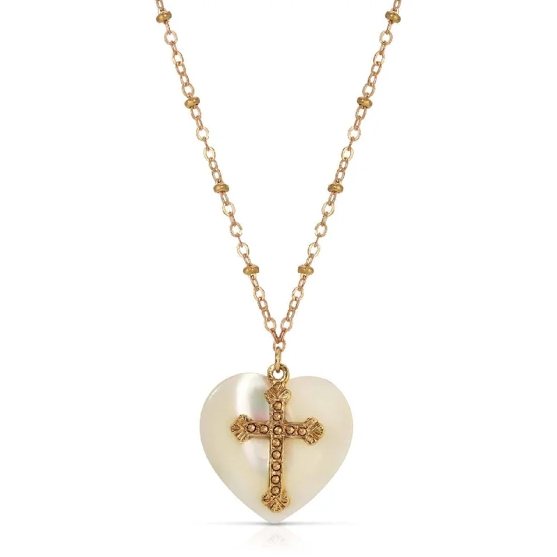 Symbols Of Faith Mother Of Pearl Heart & Cross Pendant Necklace 16" + 3" Extender