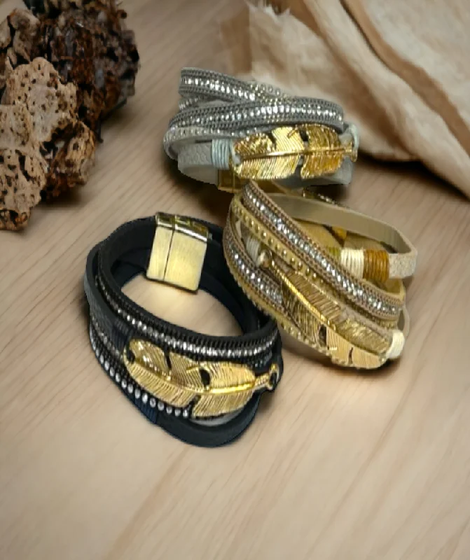 Women Leather Wrap Bracelet Multi Layer Wristband Feather Wrap Around Magnetic Closure