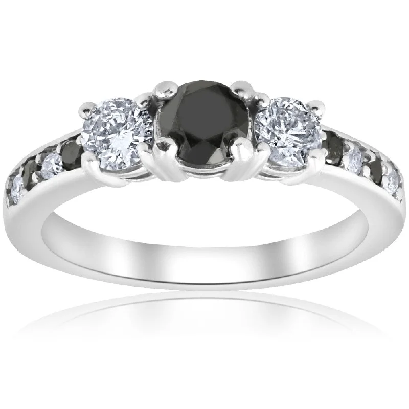 Pompeii3 10k White Gold 1 1/4 ct TDW Three Stone Black & White Diamond Engagement Ring