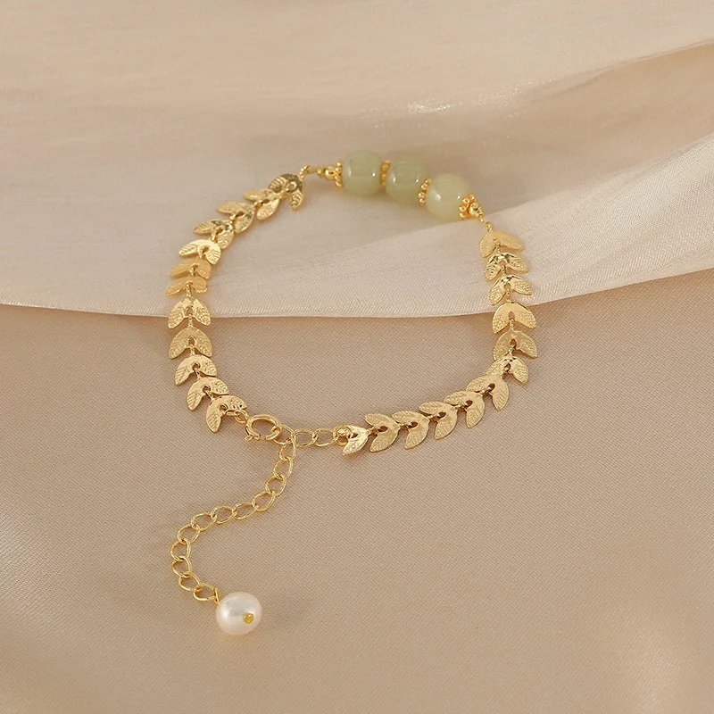 Charm Wheat Shaped Womens Jade Bead Bracelet 14k Gold Plated Bracelet With A Pearl