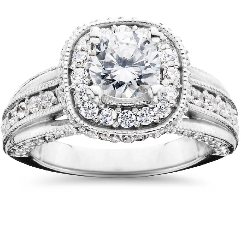 14k White Gold 1 1/4ct TDW Cushion Halo Round Diamond Engagement Ring