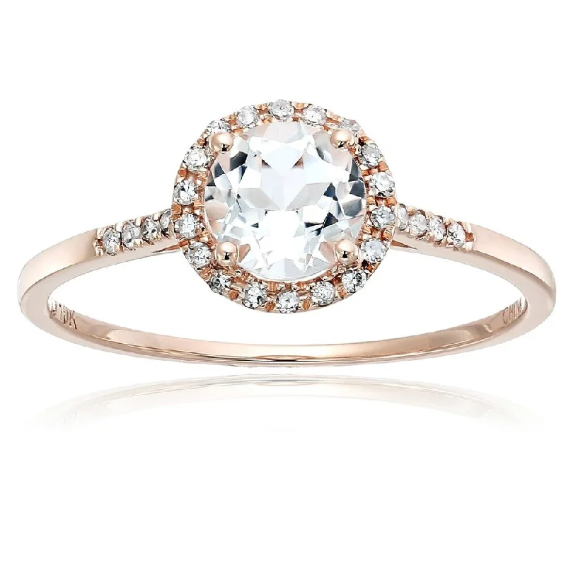 10k Rose Gold White Topaz and Diamond Classic Princess Di Halo Engagement Ring, Size 7