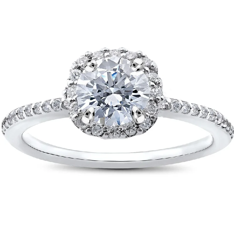 14k White Gold 1ct TDW Round Diamond Engagement Ring Cushion Halo