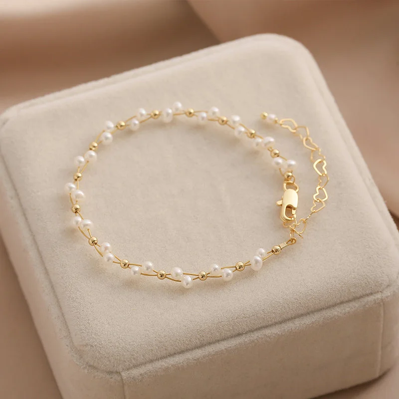 Cute Womens Pearl Bead Bracelet 14K Gold Plated Beaded Bracelets For Women