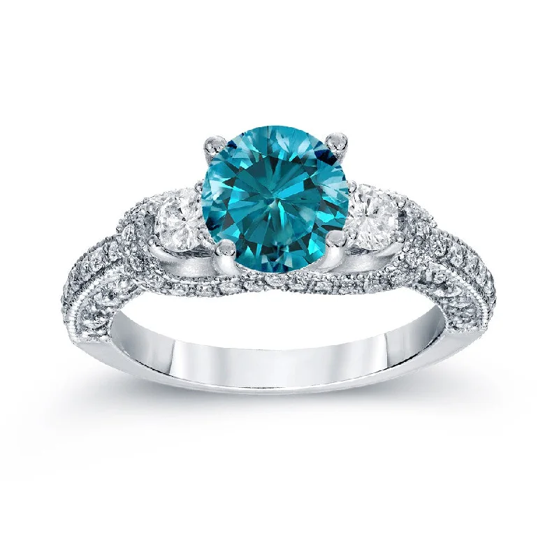 Auriya Modern and Unique 2ctw 3 Stone Blue Diamond Engagement Ring 14k Gold