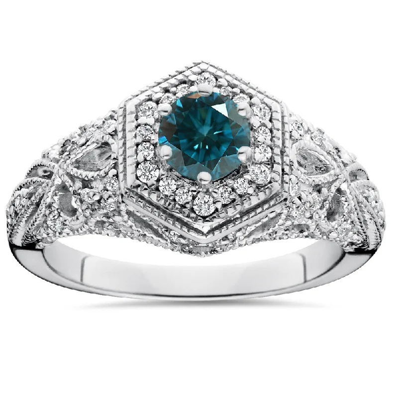 14K White Gold 3/4 ct TDW Blue & White Diamond Vintage Halo Antique Filigree Engagement Ring (I-J,I2-I3)