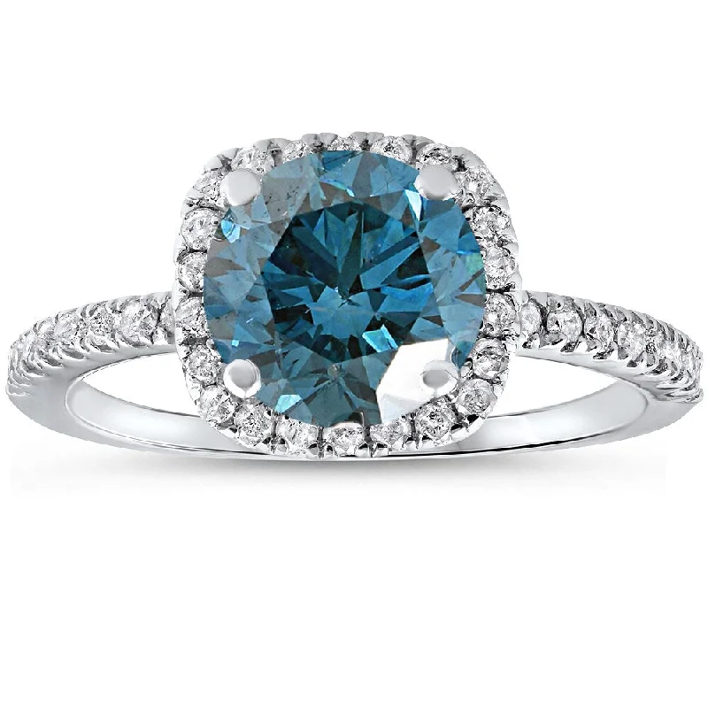 14k White Gold 1 3/4 ct TDW Blue Diamond Cushion Halo Engagement Ring with Accents )