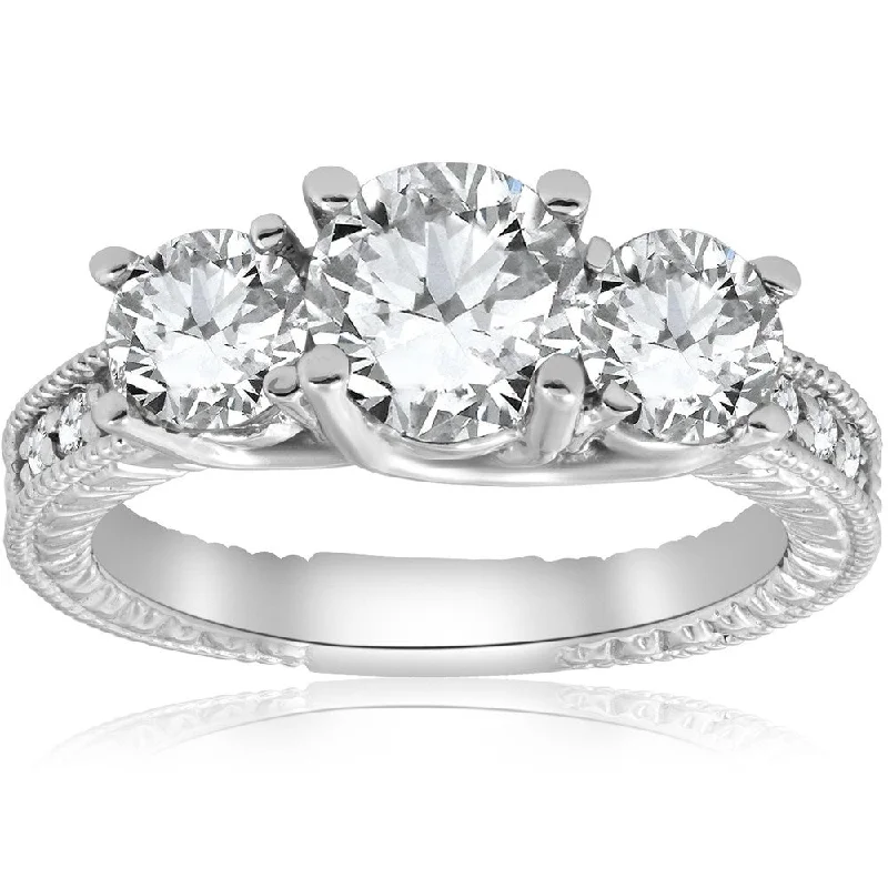 Pompeii3 14K White Gold 2 1/2 ct TDW Diamond Clarity Enhanced Three Stone Vintage Engagement Ring (G-H/SI2-I1) - White G-H