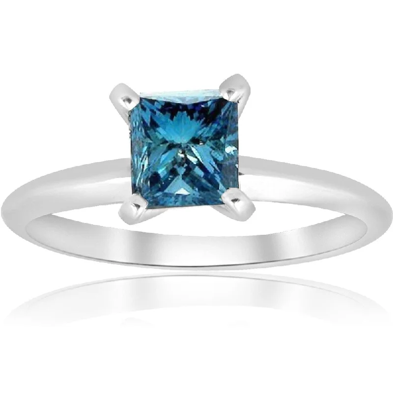 Pompeii3 14k White Gold 1 ct TDW Princess Cut Blue Diamond Solitaire Engagement Ring